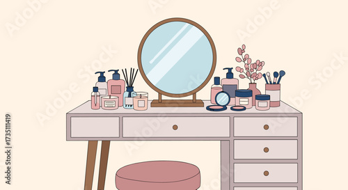 A charming vanity table adorned with various skincare and makeup products for a daily beauty routine.