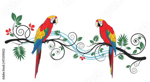 Two beautiful red parrots perched on a branch surrounded by tropical foliage.