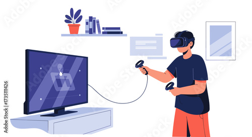 A person enjoys immersive virtual reality gaming experiences using a headset and controllers.