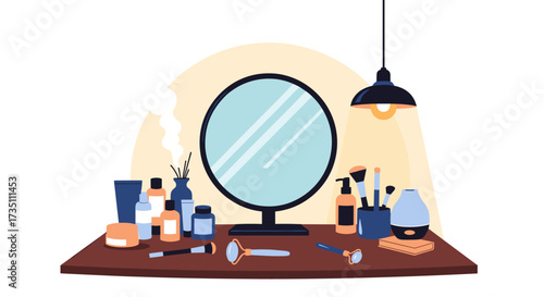 A vanity table with a mirror and various makeup products and skincare items arranged neatly on its surface for everyday beauty routines.