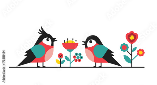 Two cheerful birds are having a conversation amidst a vibrant garden setting with colorful flowers.