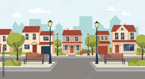 A quaint residential street lined with charming houses and leafy trees.