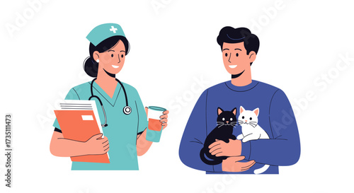 A veterinarian discusses cat care with a pleased pet owner holding his furry friends.