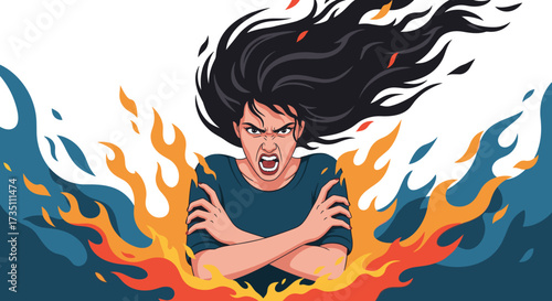 A woman expresses extreme anger and frustration amidst a powerful display of fire and water elements.