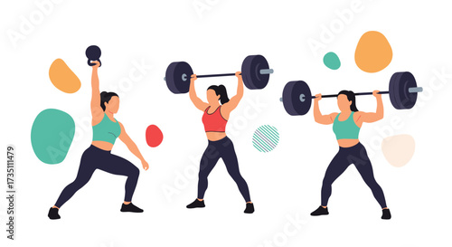 Women performing various weightlifting exercises with barbells and a kettlebell.