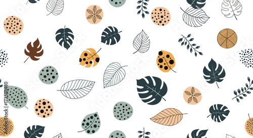 A charming botanical pattern featuring abstract leaves and polka dots in a delightful color palette.