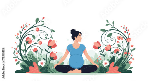 A pregnant woman meditates peacefully surrounded by beautiful blooming flowers and lush green plants.