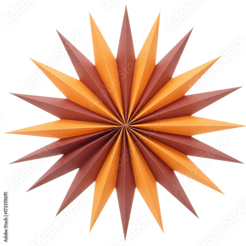 Geometric Paper Star with Alternating Orange and Brown Spiked Points isolated on white background