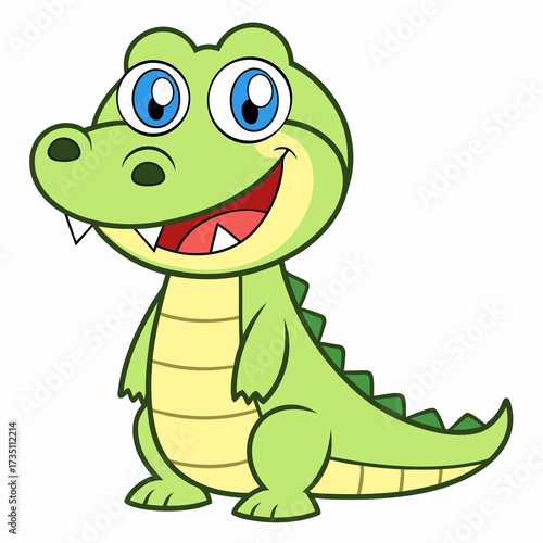 Happy Cartoon Alligator Character Standing Upright with a Big Smile and Cute Eyes Looking Upward on a White Background