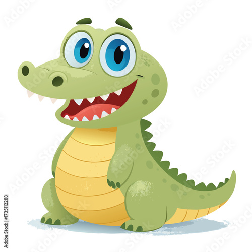 Cheerful Cartoon Crocodile Character Sitting and Smiling, Depicted with Vibrant Colors and a Playful Expression, on a White Background