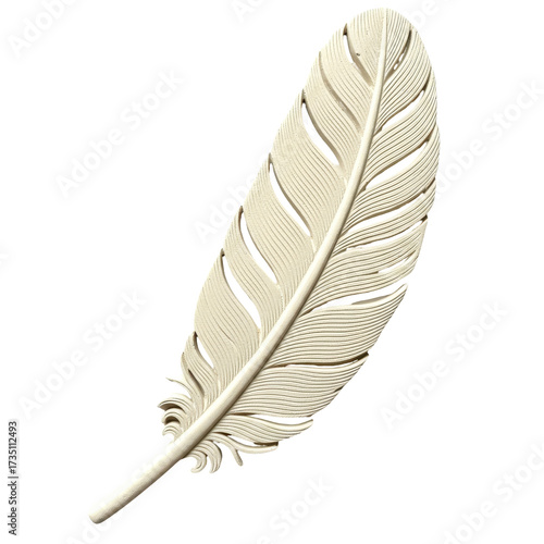 Detailed Carved Feather with Intricate Veins and Textured Surface isolated on white background