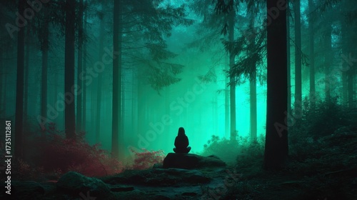 Silhouette of Woman Meditating on Rock in Forest, Evoking Serenity and Spiritual Wellness for Mental Health Campaigns : Generative AI
