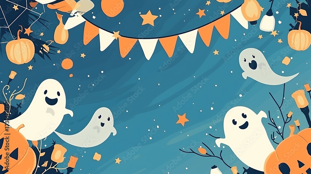 Obraz premium Vector flat design of a Halloween party background, featuring cute ghosts, pumpkins, and stars, with a large blank central area left for text, in a style similar to a fun children's picture book.