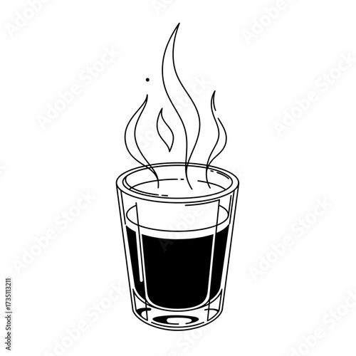 Hot steaming cup of black coffee illustration for cafe, breakfast and energy boost concept