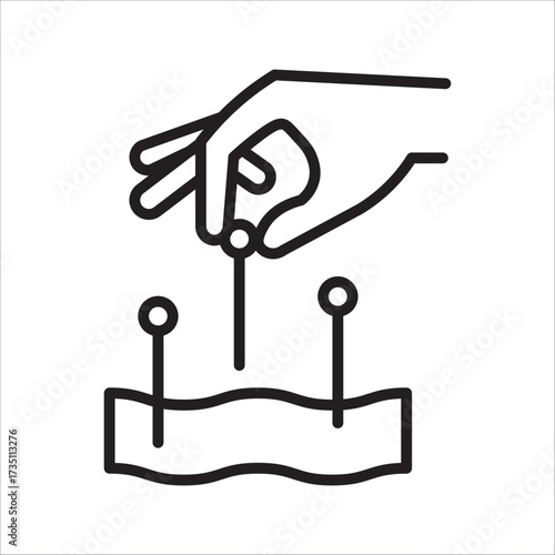 Acupuncture therapy icon illustrating traditional Chinese medicine. A hand places sterile needles into skin for pain relief and wellness treatment