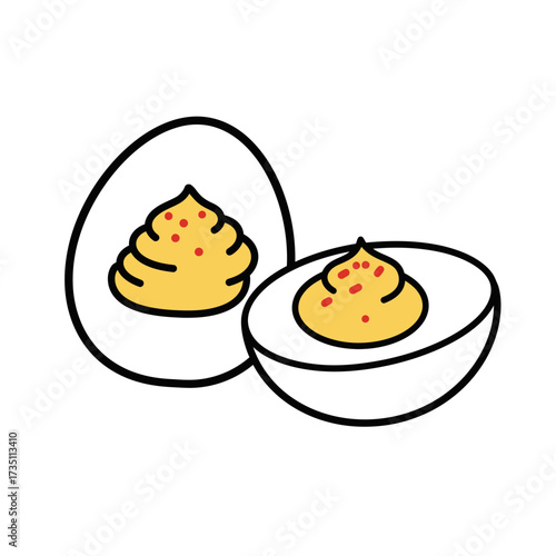 Peeled boiled eggs cut in half illustration with yolk for breakfast and protein rich meal concept