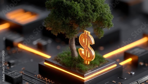 Tree Growing With Dollar Sign on Circuit Board, Symbolizing Sustainable Investment and Financial Growth in Technology : Generative AI