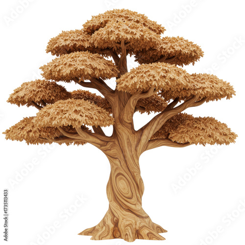 Detailed Rendered Tree with Textured Bark and Dense, Leafy Canopy isolated on white background