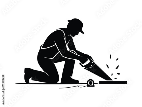 Black silhouette of a craftsman sawing wood with sawdust flying carpenter white