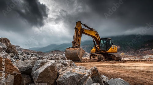 Wallpaper Mural Excavation Work Progress Mountain Quarry Machinery Operation Rugged Terrain Dramatic Sky Earthmoving Concept Torontodigital.ca