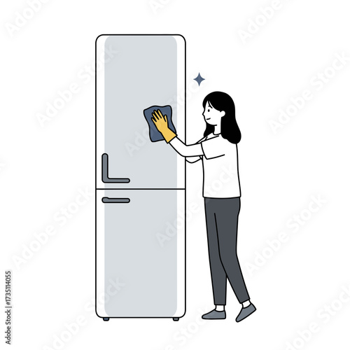 Woman Cleaning Refrigerator Door at Home Domestic Housekeeping and Hygiene Chores Lifestyle Illustration Concept