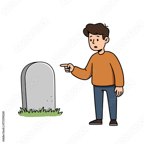 Man pointing to gravestone illustration for cemetery, funeral and remembrance theme design