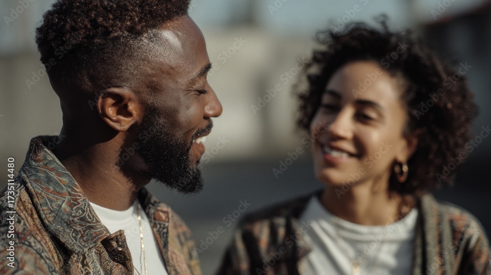 Fototapeta premium Happy moment between two friends sharing laughter in an urban setting during a sunny afternoon
