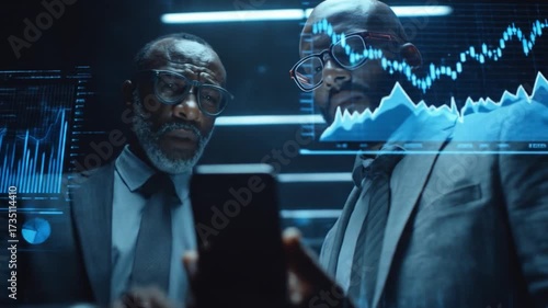 Businessmen analyze data