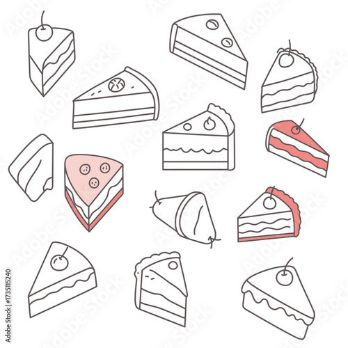 Set of hand-drawn cake slices and desserts illustration collection for bakery and sweet shop design
