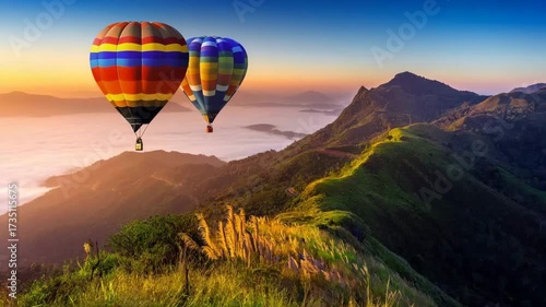 Hot Air Balloons Over Mountain Landscape at Sunrise