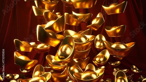 A collection of shiny gold ingots are stacked and scattered against a backdrop of dark red fabric, symbolizing wealth and prosperity.