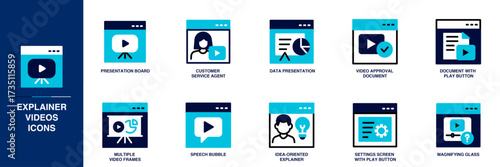 Explainer Videos Blue Colored Outline Icon Set