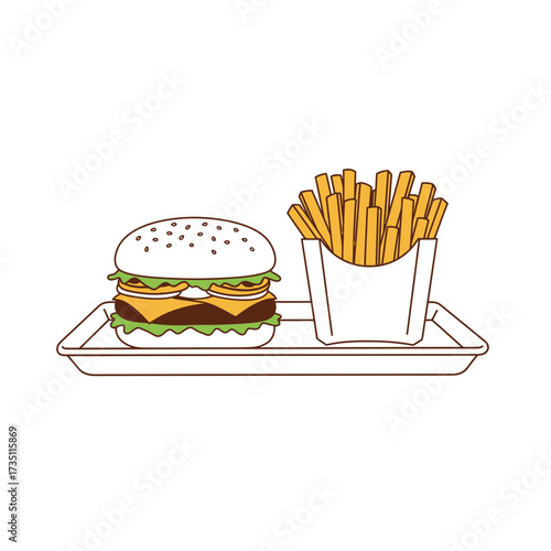 Burger with French fries on plate illustration, tasty fast food combo perfect for restaurants, junk food and cravings themes