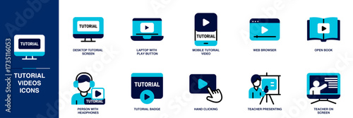 Tutorial Videos Blue Colored Outline Icon Set
