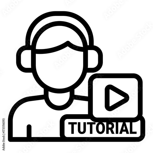 Person With Headphones Line Icon of Tutorial Videos Icon Set