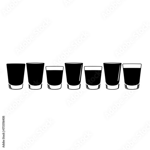 Row of Black Shot Glasses in Minimalist Line Arrangement for Party, Drinks Menu, or Nightlife Celebration Graphic Design