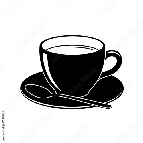 Black silhouette of coffee cup and saucer, minimalist drink illustration for cafés, breakfast and warm beverage designs