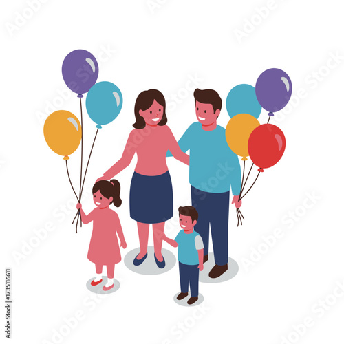 Family celebration flat illustration representing birthday party, togetherness, balloons, and joyful happy moment