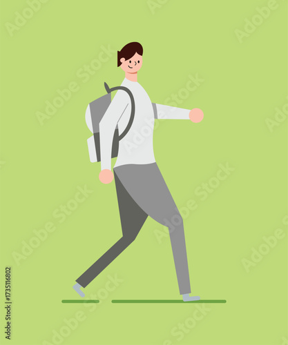 Person Walking with Backpack on Green