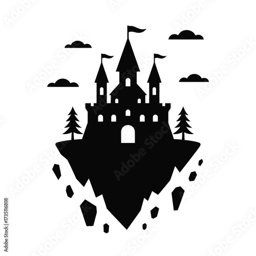 Black silhouette of a fantasy castle perched on a floating island with trees and clouds medieval