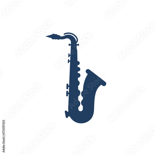 Blue saxophone silhouette flat illustration representing music instrument, creative band design, and jazz concept art