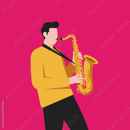 Male saxophonist flat illustration representing musical performance, jazz band, live show, and creative art design