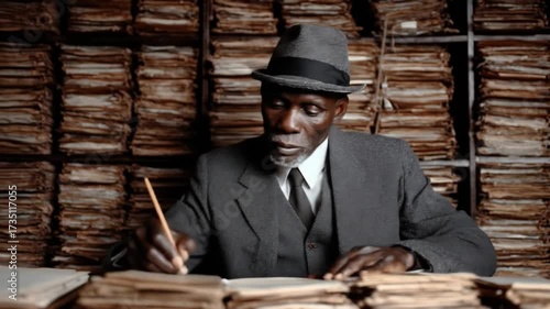 Elderly man writing in archive