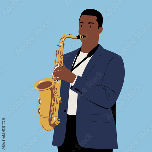 Jazz musician playing saxophone flat illustration representing concert, music performance, blues, and festival themes