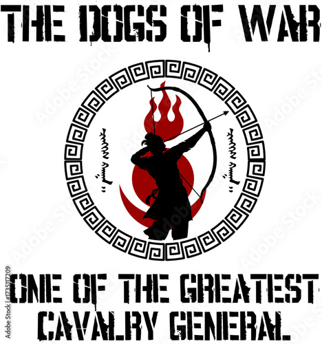 Dynamic Archer Warrior Silhouette with Fiery Background and Ancient Meander Pattern