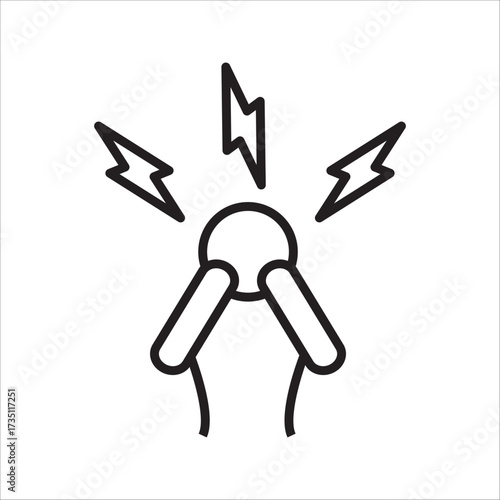 Minimalist vector illustration depicting a person holding their head with intense lightning bolts, symbolizing severe headache, migraine pain, stress, or significant mental distress and discomfort