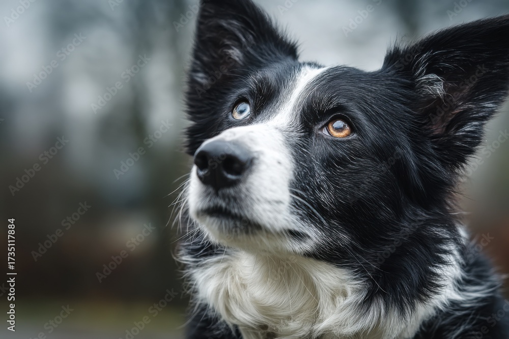 Fototapeta premium Close-Up of Border Collie With Heterochromia Looking Upward, Representing Animal Companionship and Pet Adoption : Generative AI