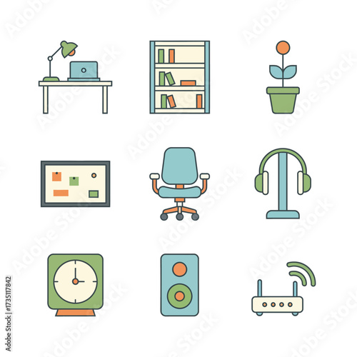 A collection of nine office-related icons including a desk, bookshelf, plant, bulletin board, chair, headphones, clock, speaker, and router.