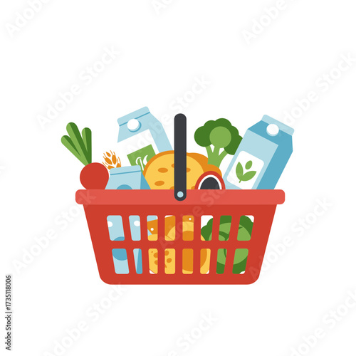Grocery basket filled with food flat illustration symbolizing shopping, delivery, sustainability, and healthy lifestyle