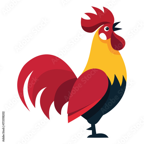 Colorful rooster illustration, crowing logo design for chicken farm, poultry food cooking or morning alarm